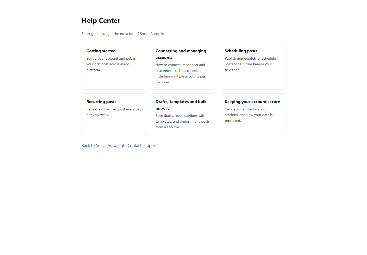 Social Autopilot help center listing guides for getting started, connecting accounts, scheduling and security.