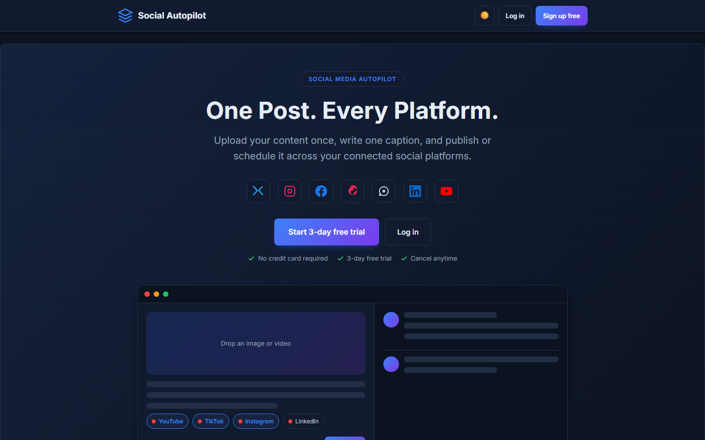 Social Autopilot landing page: the headline 'One Post. Every Platform.' above the post composer.