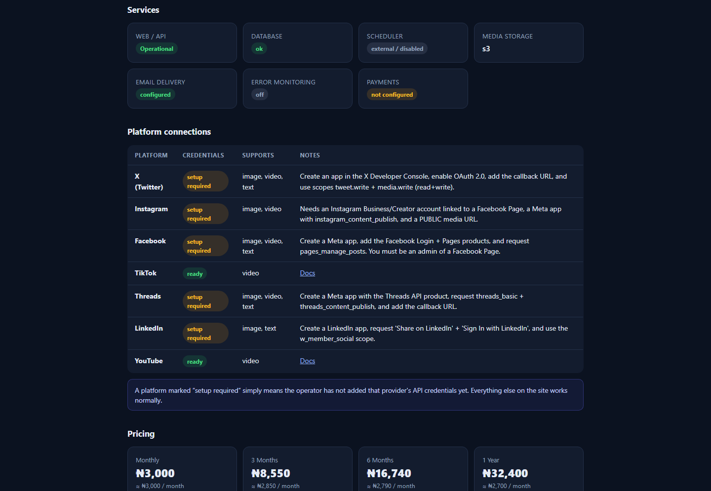Social Autopilot public status page showing service health cards, platform connection status, and pricing.